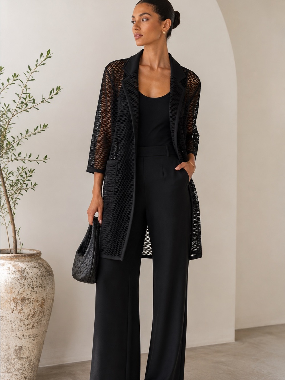 TOCCIN NY Black Sheer Mesh Duster Jacket Longline Blazer Sz Small